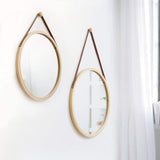 CARLA HOME Hanging Round Wall Mirror 38 cm - Solid Bamboo Frame and Adjustable Leather Strap for Bathroom and Bedroom