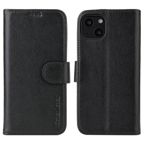 For iPhone 13 mini Case iCoverLover Black Genuine Cow Leather Wallet Folio Cover