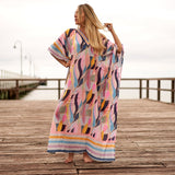 Linen Connections Trendy Silk Kaftan For Women Long Kaftan Resort Wear Vacation Beach Dress Boho Silk Dress Stripes Print Kaftan Gift For Her | Pink