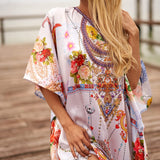 Linen Connections Trendy Silk Kaftan For Women Long Caftan Resort Wear Vacation Beach Dress Boho Silk Dress Kaftan Floral Print Silk Kaftan Gift For Her | Light Purple