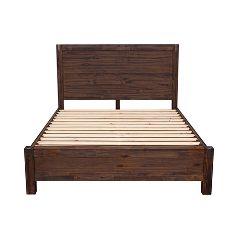 3 Pieces Bedroom Suite in Solid Wood Veneered Acacia Construction Timber Slat King Size Chocolate Colour Bed, Bedside Table