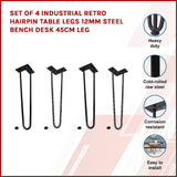 Set of 4 Industrial Retro Hairpin Table Legs 12mm Steel Bench Desk 45cm Leg