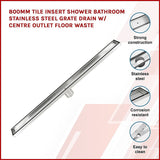 800mm Tile Insert Shower Bathroom Stainless Steel Grate Drain w/Centre outlet Floor Waste