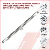 1000mm Tile Insert Bathroom Shower Stainless Steel Grate Drain w/Centre outlet Floor Waste