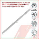 1200mm Tile Insert Bathroom Shower Stainless Steel Grate Drain w/Centre outlet Floor Waste