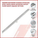 1000mm Bathroom Shower Stainless Steel Grate Drain w/Centre outlet Floor Waste Square Pattern