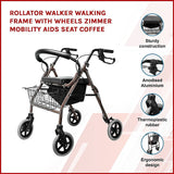 Rollator Walker Walking Frame With Wheels Zimmer Mobility Aids Seat Coffee